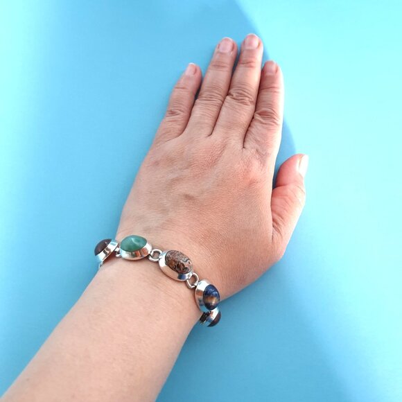 Chunky Vintage Taxco Mexico TH-75 Sterling Silver Multi-Gemstone Link Bracelet - Picture 12 of 16